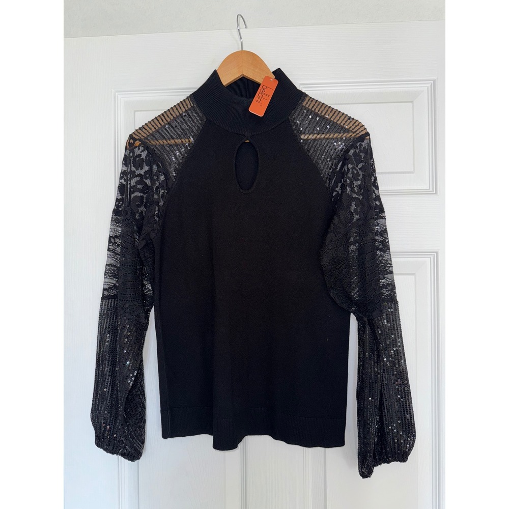 (NWT) Whimsigoth Belldini Womens M Black Sequin Lace Keyhole Mock Neck Grunge